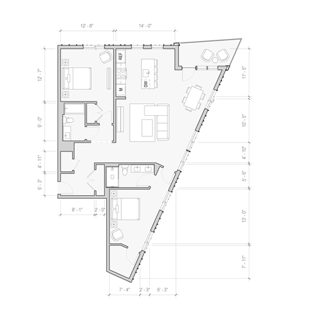 Floor plan for 2 beds, 2 baths, 1371 sqft